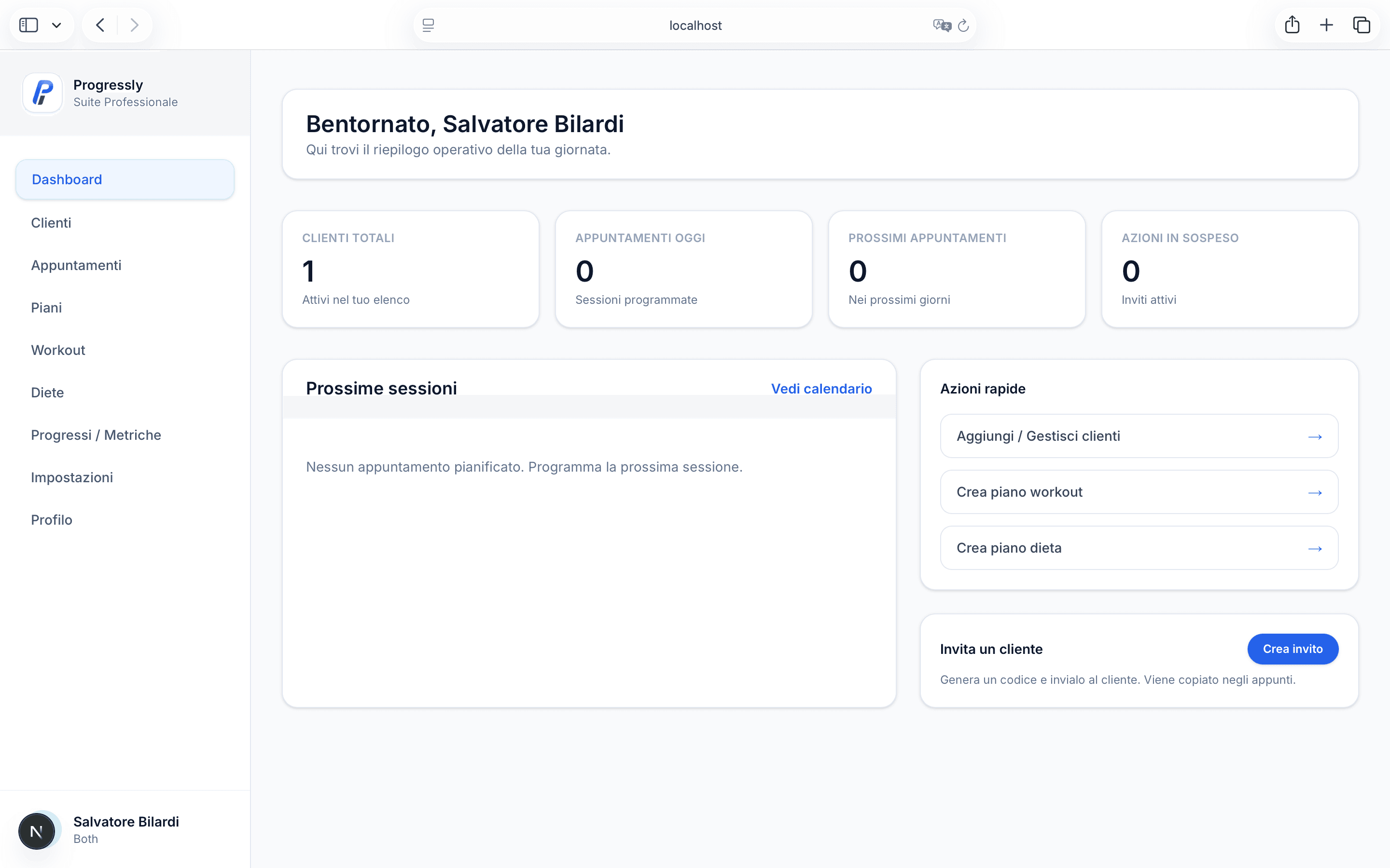 Dashboard FourFit: gestione clienti, generazione piani con AI e monitoraggio progressi per trainer, coach e nutrizionisti